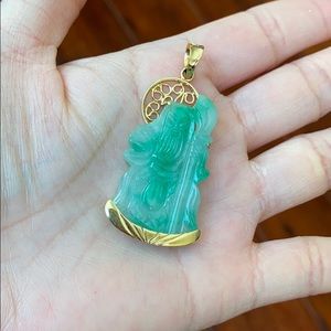 14K Real Solid Gold God of Longevity Jade Pendant